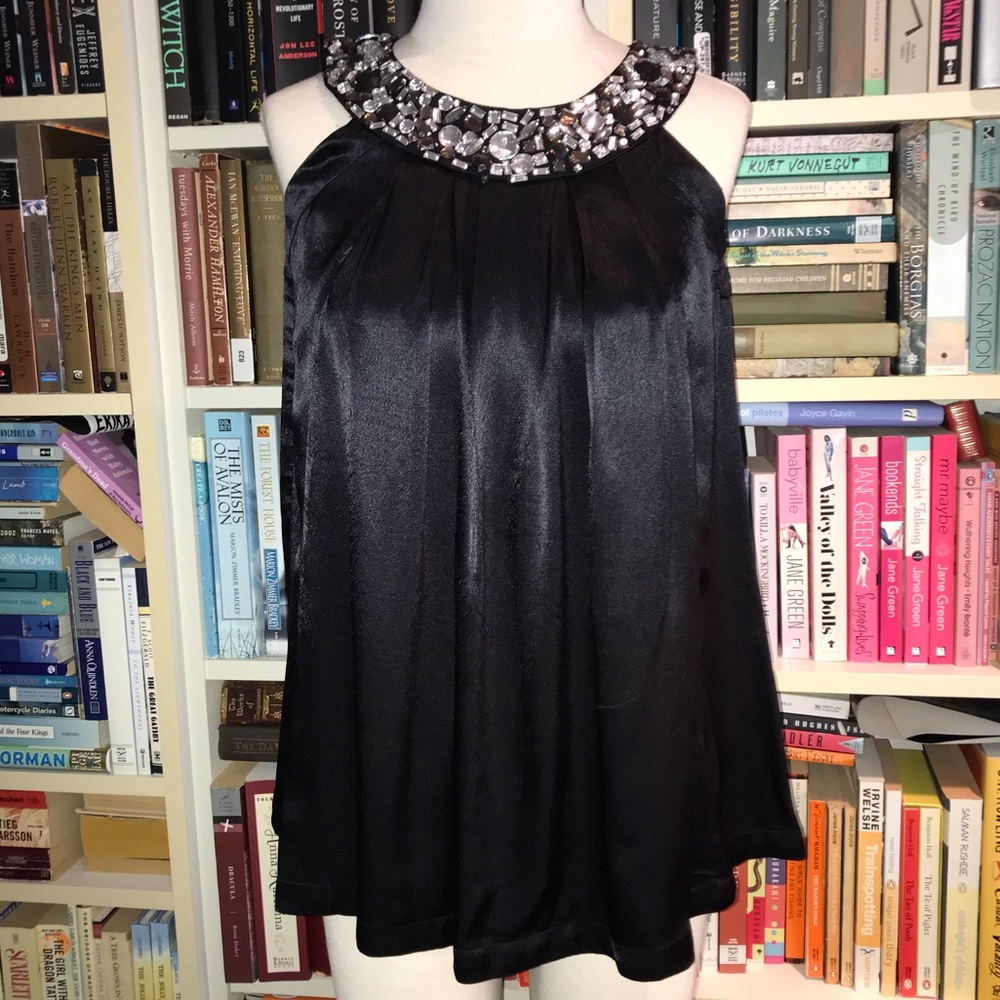 FCUK Jeweled Neckline Collar Black Pleated Blouse Top
